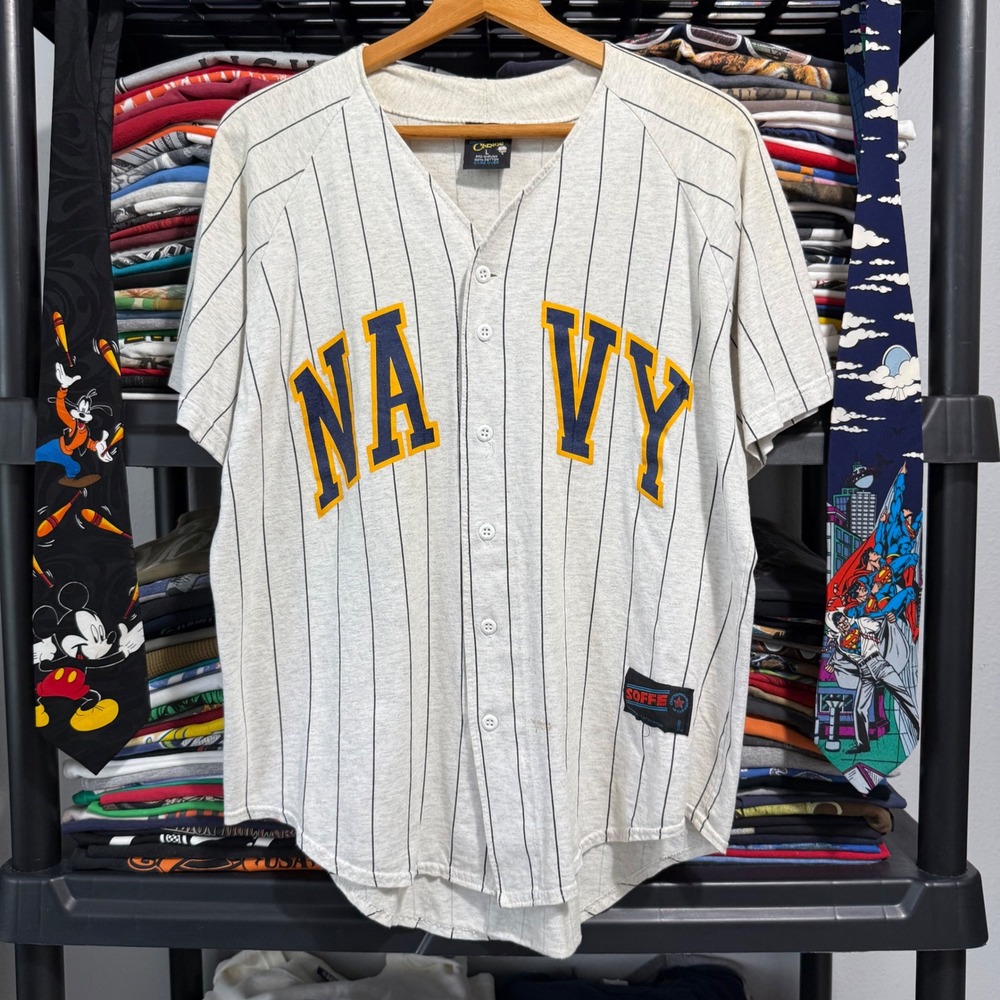 Vintage Gray Navy Pinstripe Soffe Baseball Jersey Large Light Marks